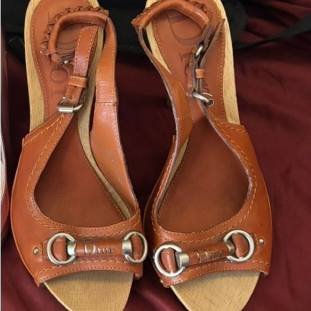 Dior Tan Leather Open-Toe Wedge Sandals with Metal Bit